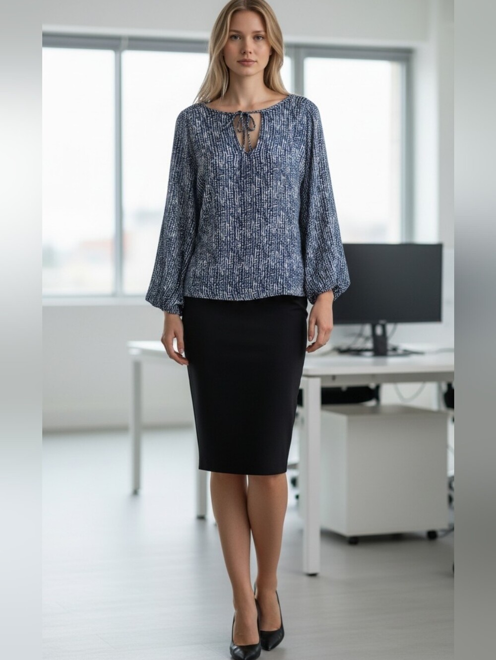 💙 Semi-Sheer Blue and White Career Wear Tie Neck Top by Aqua